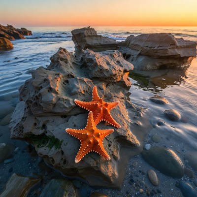 Two Starfish on Sunset Beach Rocks