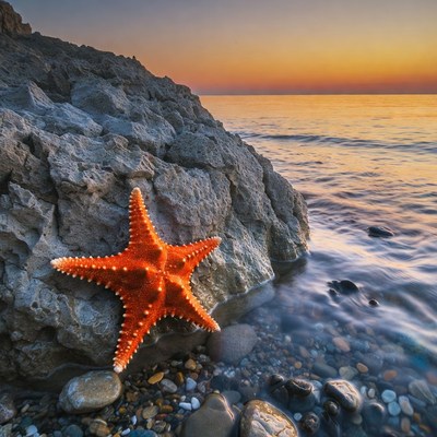 Orange Starfish on Rocky Beach at Sunset