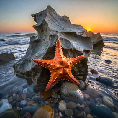 Orange Starfish on Rock at Sunset Beach