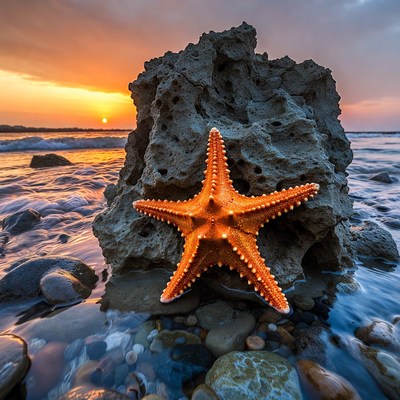 Orange Starfish on Rock at Sunset
