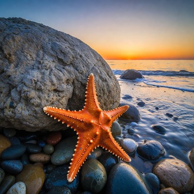 Orange Starfish on Beach Rocks at Sunset