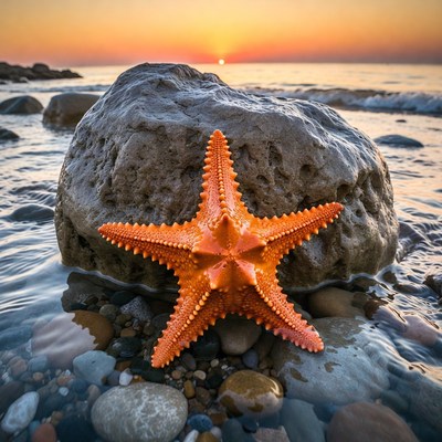 Orange Starfish on Rock at Sunset Beach
