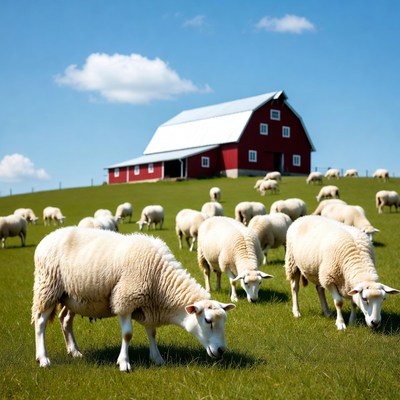 Sheep grazing near red barn