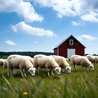 Sheep grazing near red barn