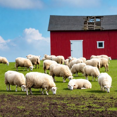 Sheep grazing near red barn