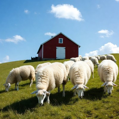 Sheep grazing in front of red barn
