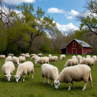 Sheep grazing near red barn
