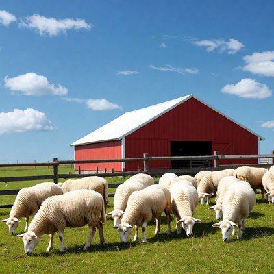 Sheep grazing near red barn