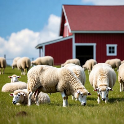 Sheep grazing near red barn