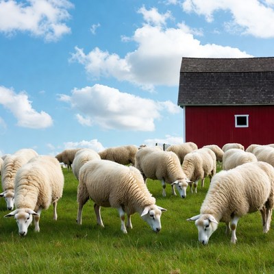 Sheep grazing near red barn