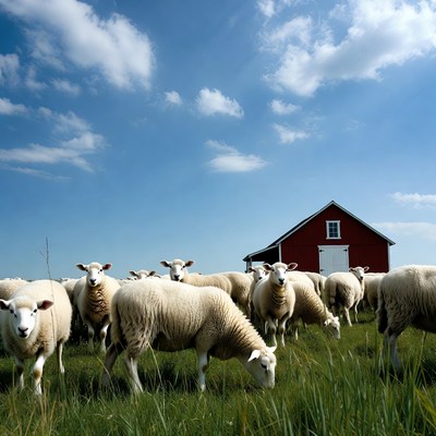Sheep grazing in front of red barn