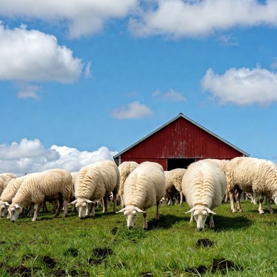 Sheep grazing near red barn
