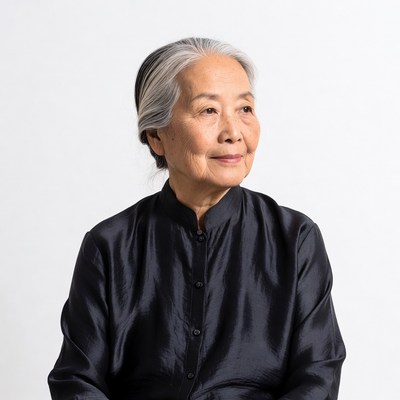 Elderly Asian woman in black silk shirt