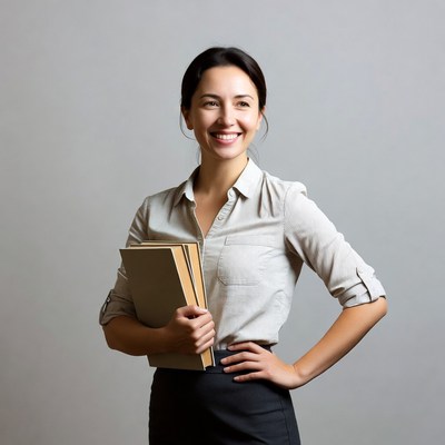 Smiling Asian woman holding books