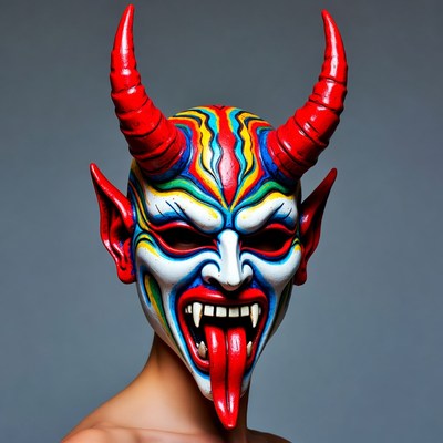 Woman wearing colorful demon mask