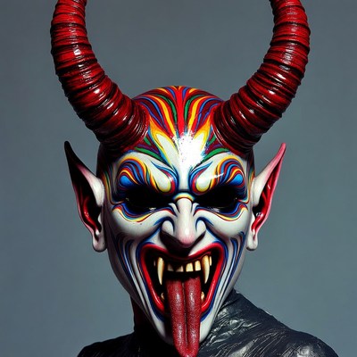 Colorful Demon Mask with Curved Horns