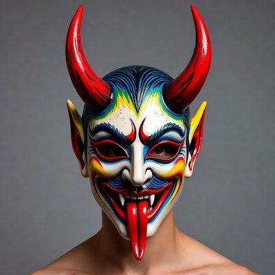 Person wearing colorful demon mask
