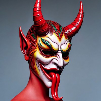 Red Demon Mask with Horns and Tongue