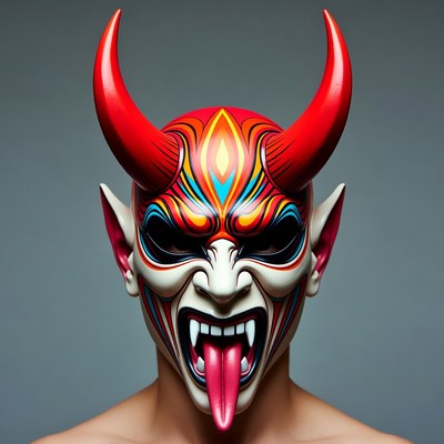 Man wearing red demon mask