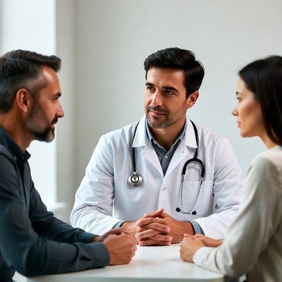 Doctor consulting middle-aged man and Asian woman