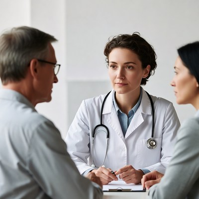 Doctor consulting elderly man and Asian woman