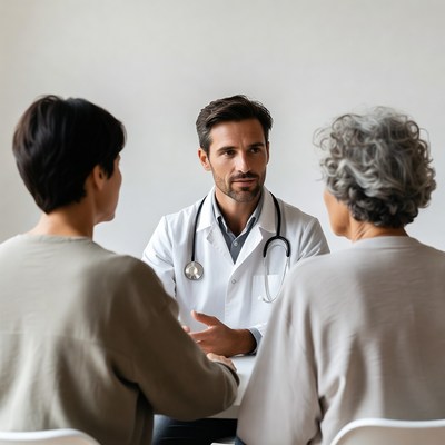 Doctor consulting elderly woman and young man