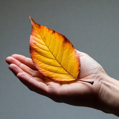 Hand holding orange autumn leaf