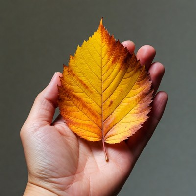 Hand holding yellow autumn leaf