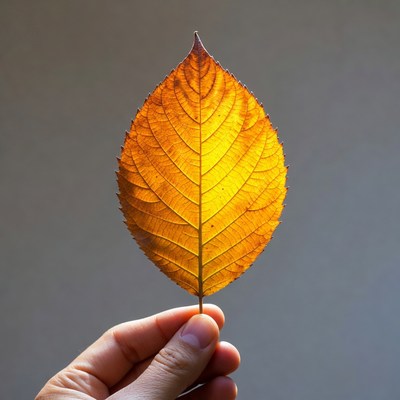 Hand holding orange autumn leaf