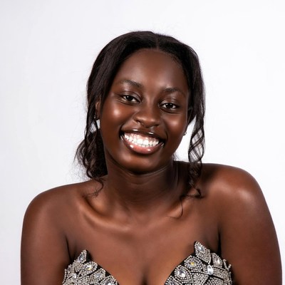 Smiling African-American woman in beaded dress