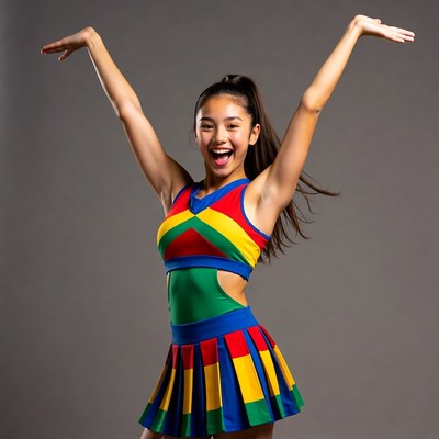 Asian cheerleader posing with arms raised