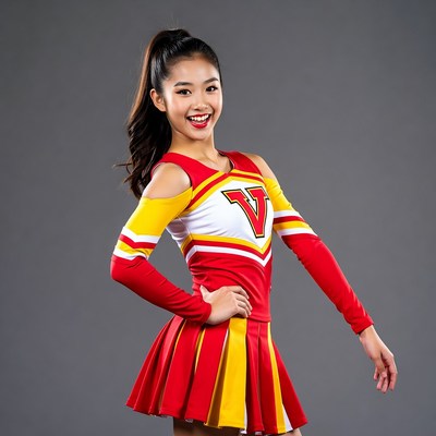Asian cheerleader in red yellow uniform