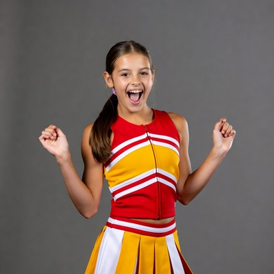 Young girl cheering in red yellow cheerleader uniform