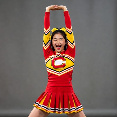 Asian cheerleader stretching arms high