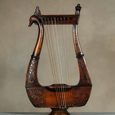 Ornate Wooden Harp on Stand