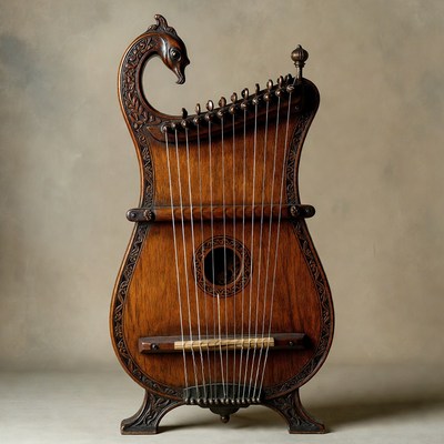 Ornate Wooden Lyre Instrument