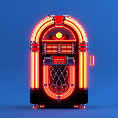 Glowing Neon Jukebox on Blue Background