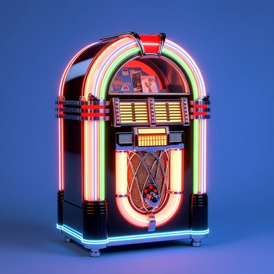 Retro Neon Jukebox on Blue Background