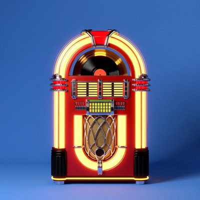 Retro Neon Jukebox on Blue Background