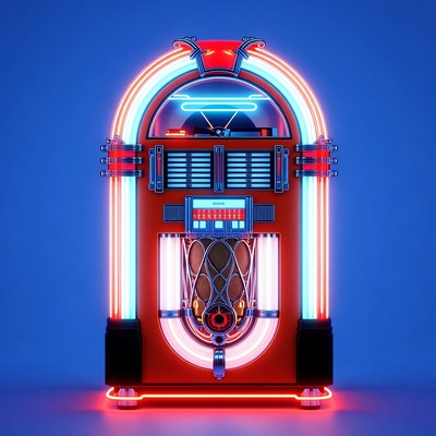 Neon Retro Jukebox on Blue Background