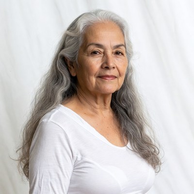 Elderly woman with long gray hair