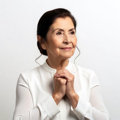 Elderly woman praying hands clasped