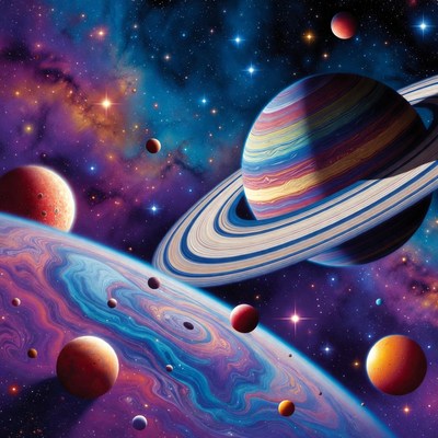 Colorful Saturn in Cosmic Nebula