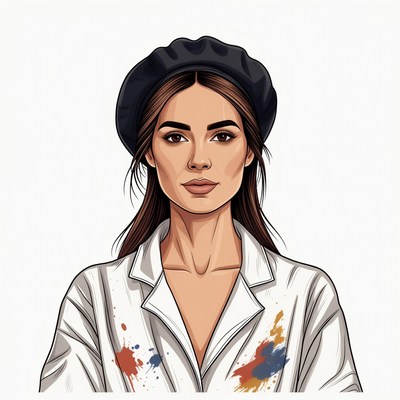 Woman wearing black beret and paint-splattered shirt