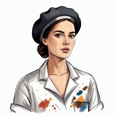 Woman artist with beret and paint-splattered shirt