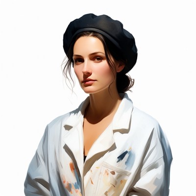 Woman in black beret and paint-splattered coat