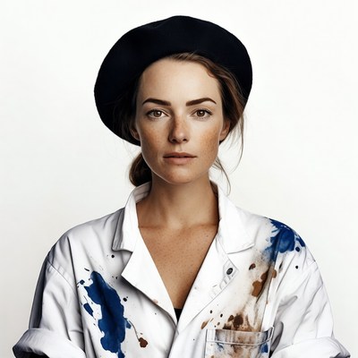 Woman in beret and paint-splattered shirt