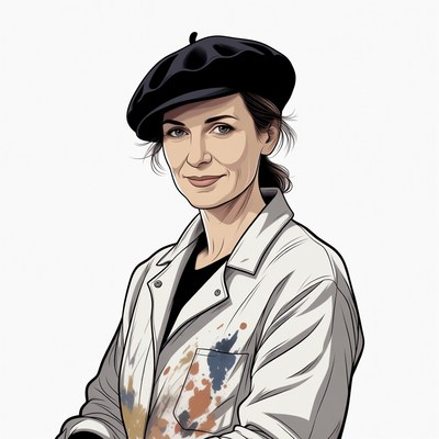 Woman in beret and paint-splattered lab coat