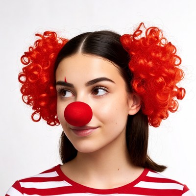 Woman in clown costume with red nose