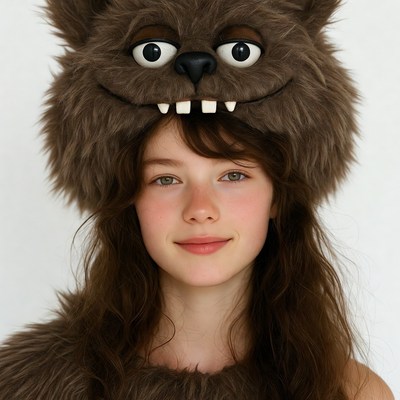 Girl wearing furry wolf mask